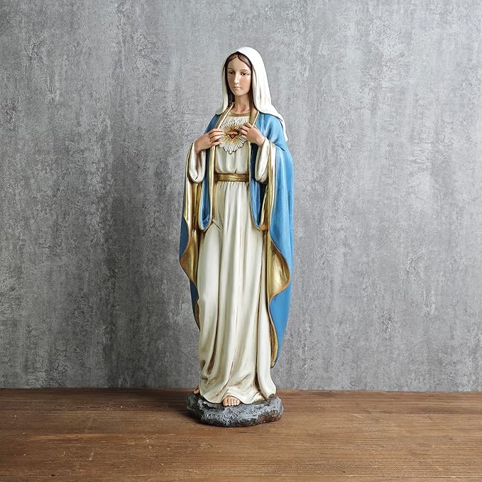 BC Catholic Immaculate Heart of Virgin Mary Statue, 16.5" H Holy Mother Figure for Altar, Religious Gift Home Decor Renaissance Sculpture Handmade by Buildclassic