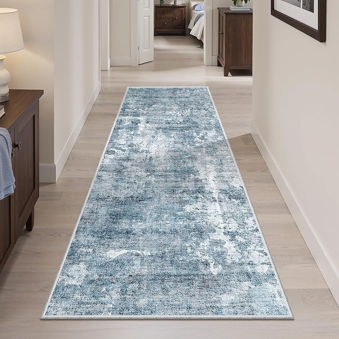 Soalmost Runner Rug 2'x6' Abstract Washable Non-Slip Runner Rugs for Kitchen Bathroom Laundry Room Blue Vintage Floor Carpet Runners for Hallway Entryway