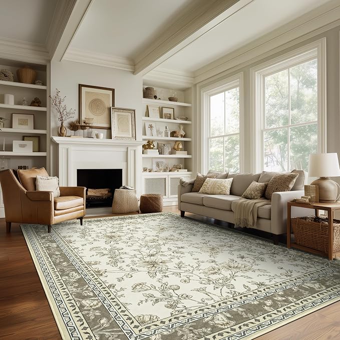 Greyish Beige Floral Rug 5x7 Machine Washable Area Rug for Living Room Vintage Boho Farmhouse Low Pile Distressed Carpet for Dining Room, Bedroom Indoor Non-Slip Tan Taupe Flower Design Home Decor