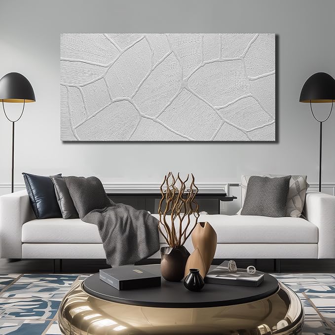 DNIEOTU Abstract Textured Canvas Wall Art for Living Room, White Wall-Decor for Bedroom, Modern Minimalist Geometric Paintings for Hallway Office, Size 59 x 29 Inches Hand Painted