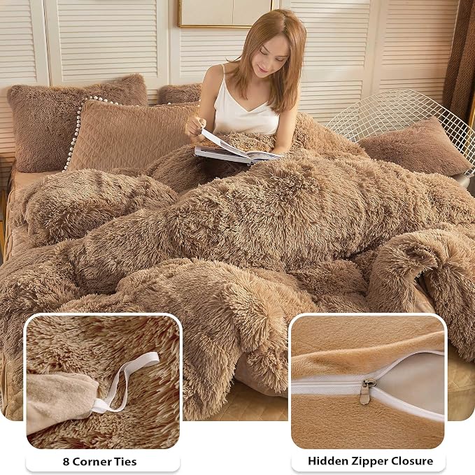 LIFEREVO Luxury Plush Shaggy Duvet Cover Set, Soft Velvet Fluffy Furry Duvet Cover Set(1 Faux Fur Fuzzy Comforter Cover + 1 Pom-poms Pillow Sham)Solid Bedding Set, Zipper Closure(Twin/Twin XL, Camel)