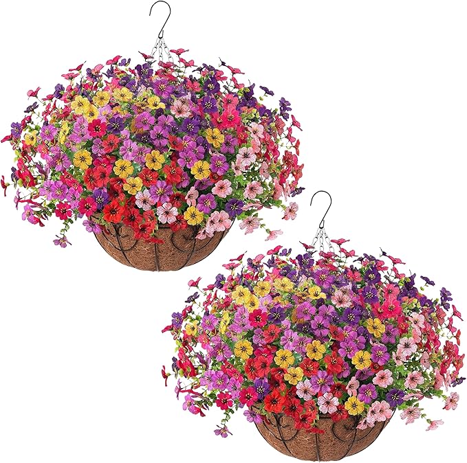HyeFlora 2 Set Artificial Outdoor Flowers Hanging Basket, Faux Hanging Plants for Outside Spring Decoration, Fake Silk UV Resistant Look Real Daisy for Porch Patio Home Decor