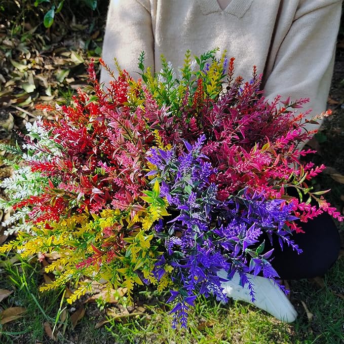 WEAUSUP 21 Bundles Faux Plants Outdoor Fake Flowers Artificial Flowers Fake Shrubs Greenery Bushes Bouquet UV Resistant Faux Bushes Plastic for Home Garden Decor (7 Colors)