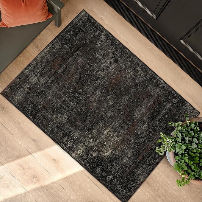 Black Washable 2x3 Rugs for Entryway, Non-Slip Low Pile Entry Rug, Stain Resistant Indoor Mat for Kitchen, Bathroom & Mudroom, Dark Farmhouse Volcanic Charcoal Design
