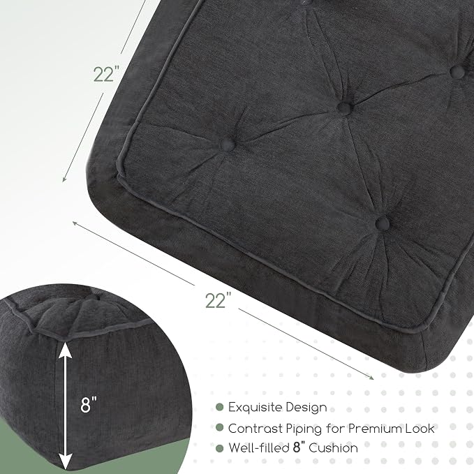 8" Extra Thick Floor Pillow Cushion for Adults, Meditation Cushion Pillow with Handle, Lustrous Chenille Tufted, Square Floor Sitting for Tatami Living Room or Yoga, 22x22 Inch, 2Pack, Dark Grey