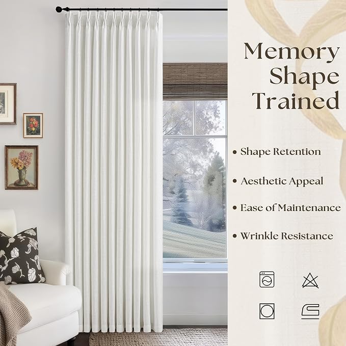 102 Inch Long Curtains Extra Wide 70 Inch Width Pinch Pleat Linen Curtains for Living Room Ivory Birch Light Filtering Privacy Boho Farmhouse Pleated Hooks Rings Back Tab Sliding Door 1 Panel 70x102