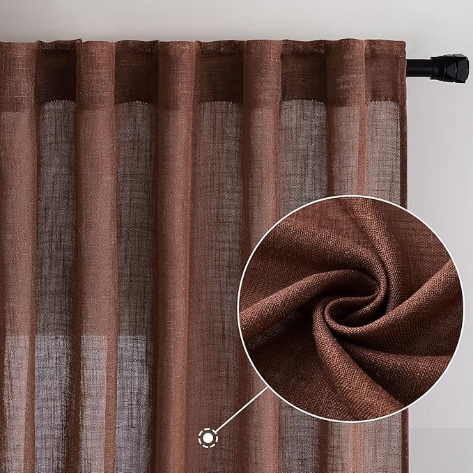 MIULEE Chocolate Brown Linen Curtains 84 Inch Length for Bedroom Living Room, Soft Thick Linen Textured Window Drapes Semi Sheer Light Filtering Back Tab Rod Pocket Burlap Look Decor, 2 Panels