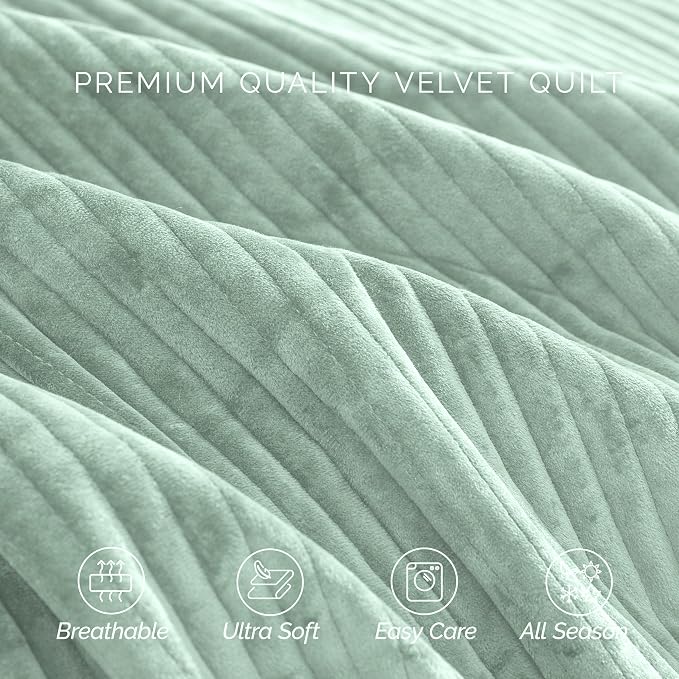 Elegant Comfort Luxury 3-Piece Velvet Corduroy Stripe Quilt Set, Ultra Soft Bedspread - Cozy Velvet Coverlet Set - 3PC Medium Weight Quilted Set with Matching Pillow Shams, Twin XL, Smoke Green
