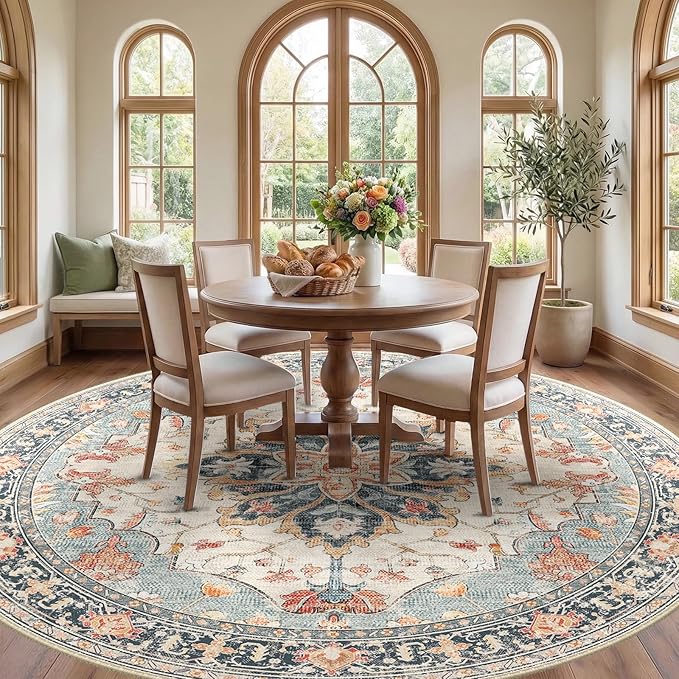 RELEANY 8ft Round Rug, Area Rugs 8ft, Washable Rug, Non-Slip, Rugs for Living Room for Bedroom, Circle , Vintage Rugs Boho Floral Medallion, Low Pile, Soft, Beige Dark Blue Navy Red