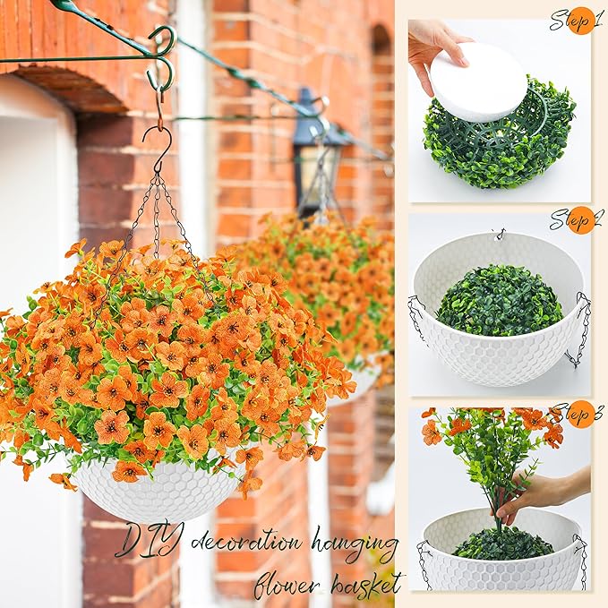 Der Rose Artificial Hanging Flowers Basket for Faux Plants Outdoor Spring Summer Decoration UV Resistant Fake Flowers for Patio Balcony Farmhouse Decor(Orange)