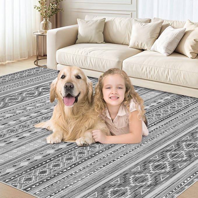 cotiled 8x10 Area Rug Living Room: Washable Boho Rugs with Non Slip Backing Large Soft Indoor Stain Resistant Carpet for Bedroom Farmhouse Dining Room Lightweight Home Decor Beige Grey