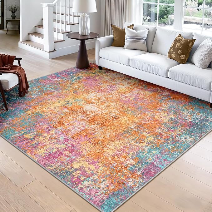 RELEANY Washable Area Rugs Square 8ft Non-Slip Modern Abstract Soft for Living Room Entryway Bedroom Nursery, Print Pattern, Orange Blue Pink Yellow Colorful