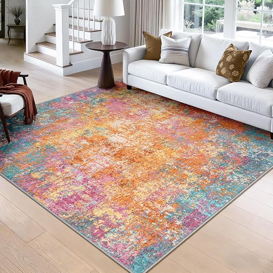 RELEANY Washable Area Rugs Square 8ft Non-Slip Modern Abstract Soft for Living Room Entryway Bedroom Nursery, Print Pattern, Orange Blue Pink Yellow Colorful