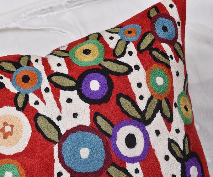 Red Tree of Life Throw Pillow Cover Karla Gerard Floral Pillowcase Reds Flower Pillowsham Floral Chair Cushion Kids Room Hand Embroidered Wool 18x18 Inch