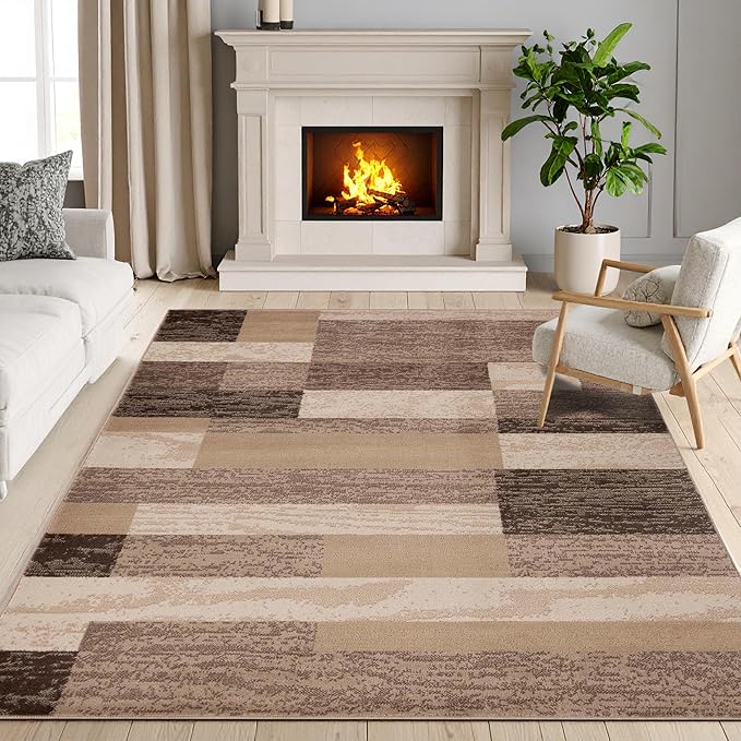 Superior Indoor Area Rug, Jute Backing, Plush Modern Rugs for Entryway, Kitchen Floors, Office Floor Cover, Color Block Rugs, Rockwood Collection, 7' x 9', Beige