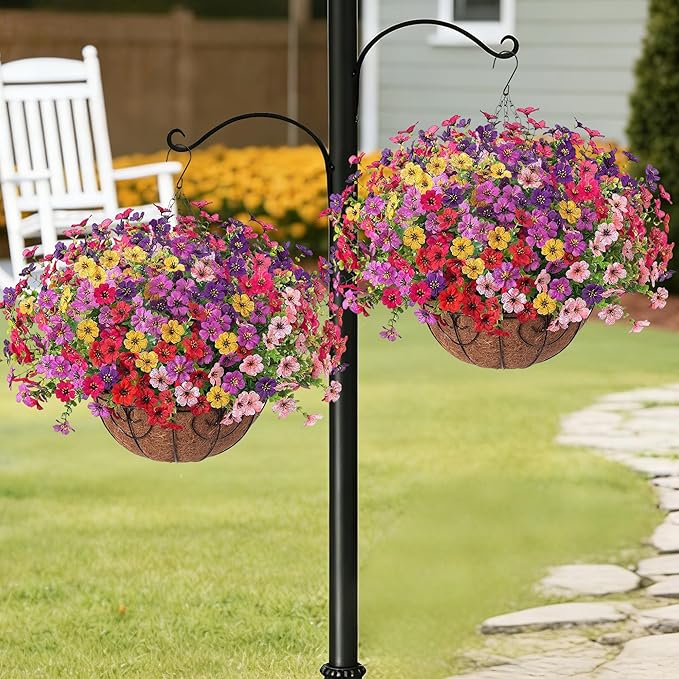 HyeFlora 2 Set Artificial Outdoor Flowers Hanging Basket, Faux Hanging Plants for Outside Spring Decoration, Fake Silk UV Resistant Look Real Daisy for Porch Patio Home Decor