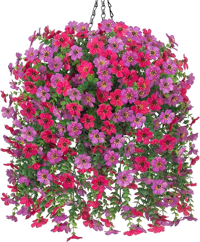HyeFlora Artificial Hanging Flowers Basket for Outdoor, Fake Flowers Faux Plants Look Real for Yard Gardens Porch Patio Home (Purple+Hotpink)