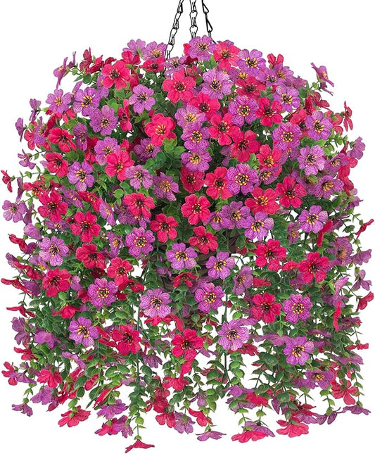 HyeFlora Artificial Hanging Flowers Basket for Outdoor, Fake Flowers Faux Plants Look Real for Yard Gardens Porch Patio Home (Purple+Hotpink)