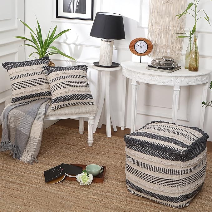 REDEARTH · Boho Textured Throw Pillow - Cushion Covers Woven Tufted Decorative Farmhouse Cases Set for Couch - Sofa - Bed - Dining - Patio - Outdoor - 100% Cotton (18"x18" -Precis Descant) Pack of 2