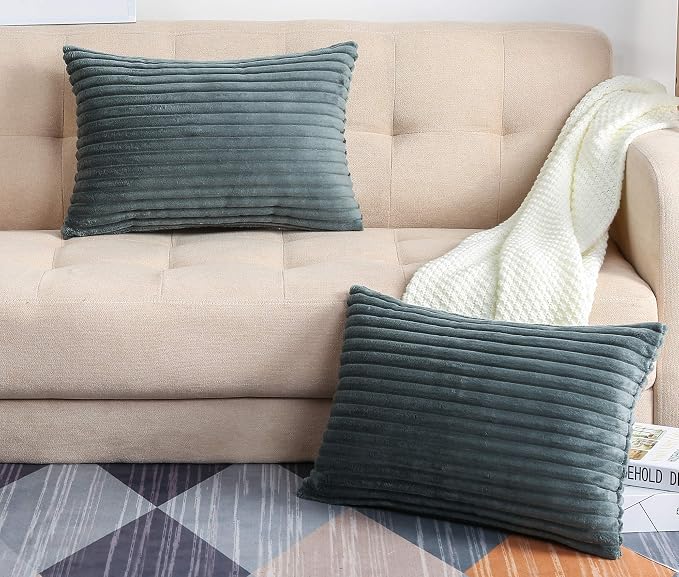 TangDepot Velvet Big Corduroy Pillow Covers 12x20 Deep Grey 2-Pack | Soft wide-stripe corduroy pillow cover, hidden zipper, machine washable, easy refresh, for bedroom living room indoor outdoor