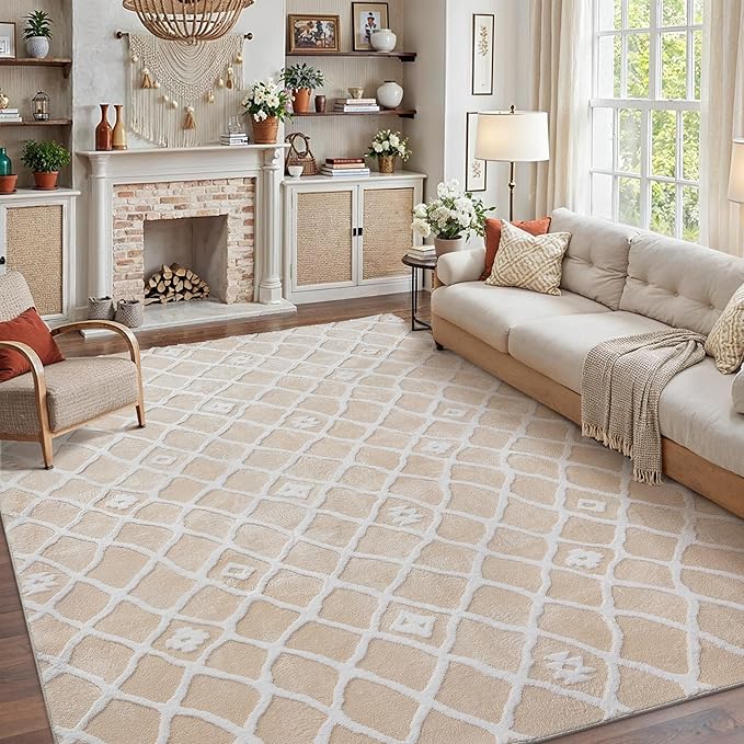 PureCozy 8x10 Area Rug for Living Room Beige Ivory Washable Bedroom Rug Non Slip Soft Modern Moroccan Neutral Shag Checkered Carpet Boho Dining Room Office Playroom Nursery