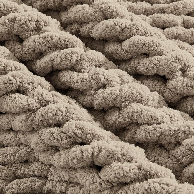 Carriediosa Chunky Knit Throw Blanket 60" X 80" Twin, 100% Hand Made Large Chenille Loop Yarn Soft Fluffy Throws for Couch Sofa Bed, Big Crochet Cozy Heavy Thick Cable Woven Blankets, Taupe