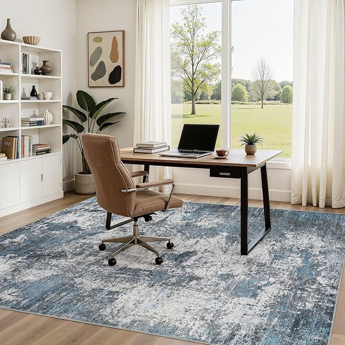 DMOYEST Area Rug Living Room Rugs - 6x9 Large Soft Indoor Neutral Modern Abstract Low Pile Washable Rug Carpet for Bedroom Dining Room Farmhouse Home Office - Grey Blue