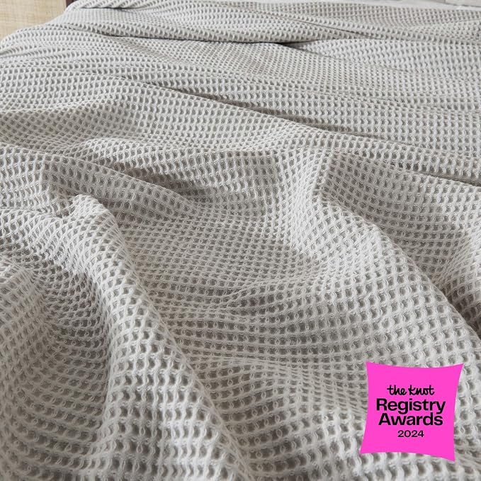 100% Cotton Light Grey Blanket Full/Queen Size for Bed - Breathable and Soft, Waffle Weave for Summer Spring, 90x90 Inches.