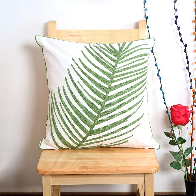 Embroidery Throw Pillow Cover 18x18 Decor Tropical Leaves Floor Pillow Cover for Couch Chair Bed Room 100% Cotton Cushion Cover 45x45cm Pillowcase, Green Leaf Plant Embroidered, Pack of 4