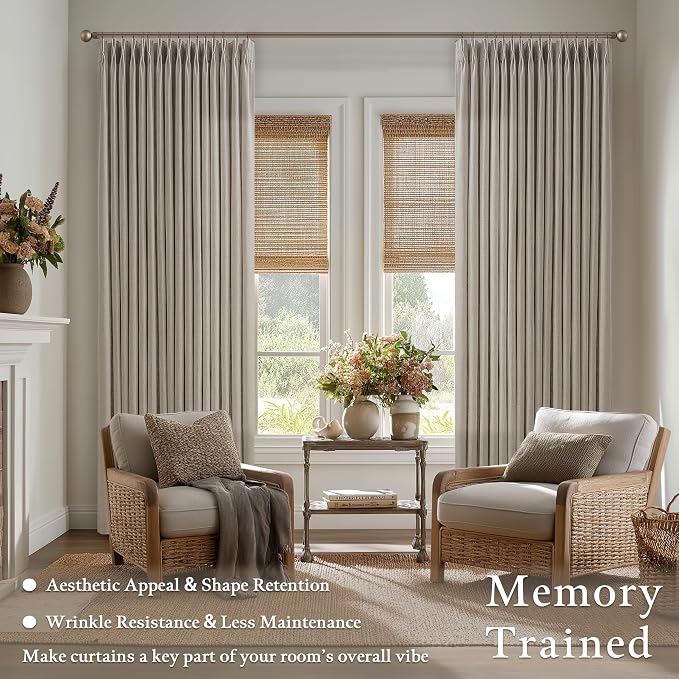 Pinch Pleated Burlywood Birch Curtains 86 Inches Long for Sliding Glass Doors 2 Panels Set Burlap Flax Linen Light Filtering Window Drapes with Hooks Rings for Living Bedroom W50xL86 Inch Length