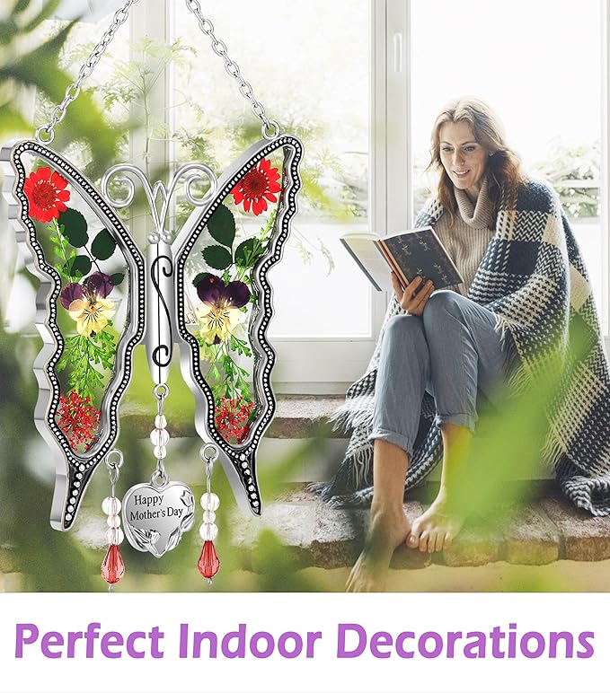 KY&BOSAM Gifts for Mom Butterfly Suncatcher Happy Mother's Day Stained Glass Sun Catchers for Windows Hanging Wind Chime Home Decor with Pressed Real Flowers and Heart Charm Gift for Women