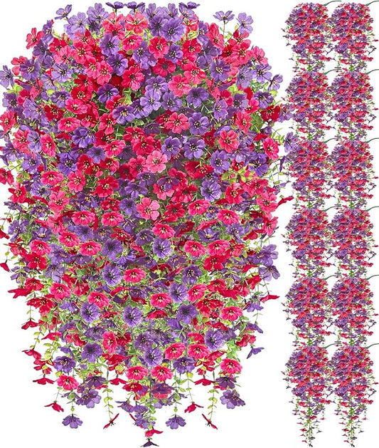 Serwalin 12PCS Artificial Hanging Flowers for Outdoors, UV Resistant Fake Hanging Plants, Realistic Weatherproof Outdoor Decor for Patio, Porch, Garden & Window (Purple& Hot Pink,12PCS)