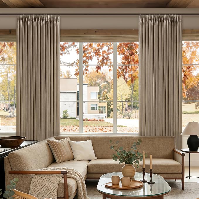 Thick Linen Pinch Pleated Curtains 96 Inches Length 2 Panels for Living Room Tan Brown Latte Country Light Filtering Curtain for Track System Back Tab Window Drapes for Dining Room Bedroom W50xL96