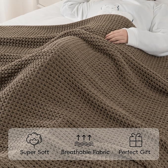 Bunnikins & Clover Knitted Waffle Throw Blanket 50x60 Inches, Camel Tan Throw Blanket for Couch, Tan Blanket Fluffy Cozy Knit Soft Throws for Women Mothers Birthday Gifts