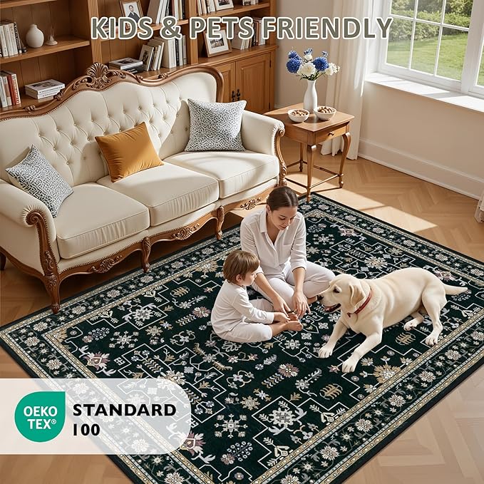 8x10 Area Rugs for Living Room: Washable Rug Soft Vintage Boho Medallion Carpet Indoor Floor Non-Slip Stain Resistant Large Carpets for Bedroom Dining Room Farmhouse Nursery Home Office Black