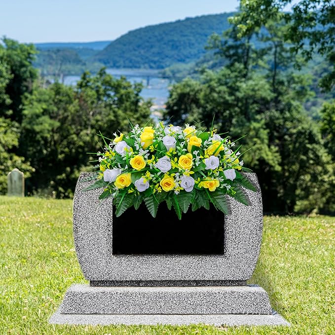 LVXINLI Artificial Cemetery Flowers Saddle-Shaped Tombstone Decorations Non-Fading UV-Resistant（Yellow and White Saddle ）
