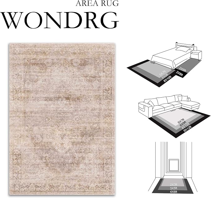 2x8 Washable Neutral Runner Rug Beige Vintage Hallway Kitchen Carpet Non-Slip Soft Low Pile Oriental Throw Rug for Bedroom Bathroom Laundry Living Room