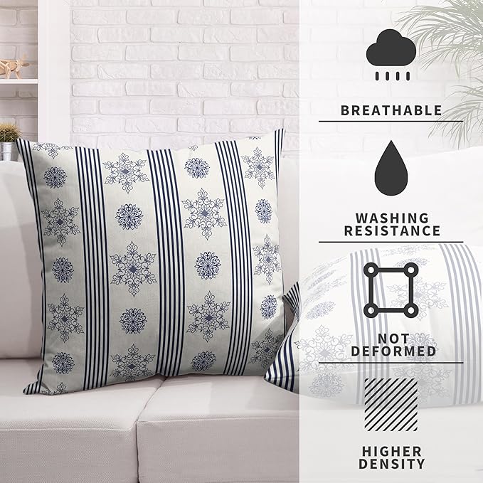 Winter Pillow Covers Blue and White Porcelain Blue Snowflakes Striped Throw Pillow Covers Navy Blue Floral Pillowcase 22x22 Set of 2 Neutral Cushion Case for Couch Sofa