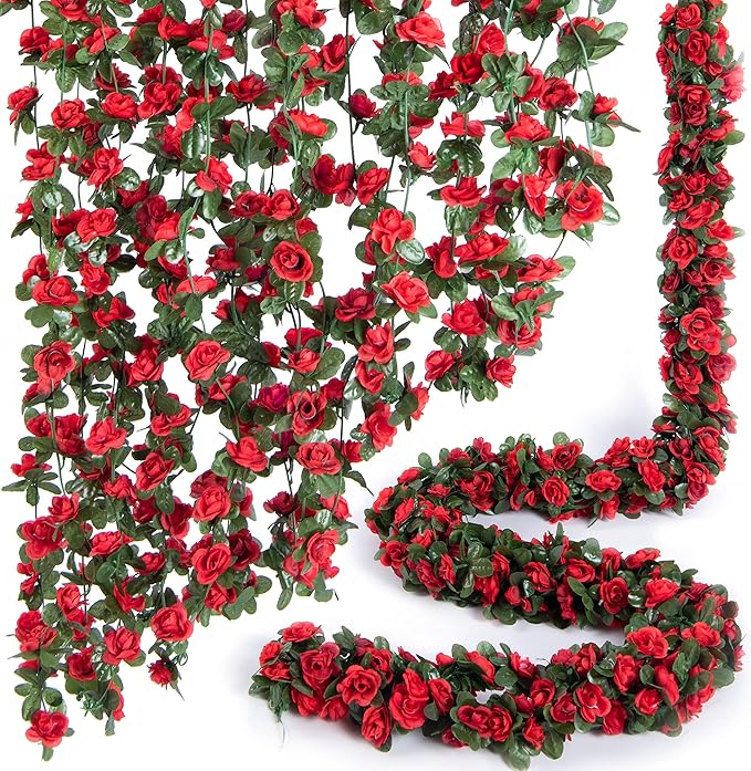 PONKING 8 Pcs x 8.2 ft Flower Garland Artificial Rose Vine Flowers with Green Leaves Hanging Fake Roses Vine for Room Party Home Wedding Birthday Christmas Wall Arch Decor, Spring Red Flower