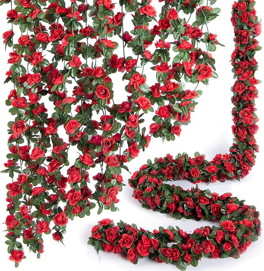 PONKING 8 Pcs x 8.2 ft Flower Garland Artificial Rose Vine Flowers with Green Leaves Hanging Fake Roses Vine for Room Party Home Wedding Birthday Christmas Wall Arch Decor, Spring Red Flower