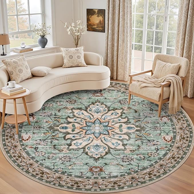 Round Area Rug for Living Room: 8 ft Washable Vintage Boho Soft Thin Circle Rug Indoor Floor No Slip Stain Resistant Carpet for Bedroom Dining Room Farmhouse Nursery Home Office - Brown Green