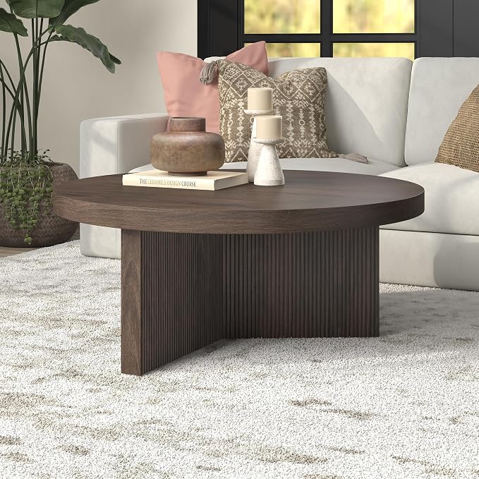 Henn&Hart 36" Fluted Round Low-Profile Coffee Table with Ribbed Pedestal Base Living Room, Family Room, or Office, Rich Brown