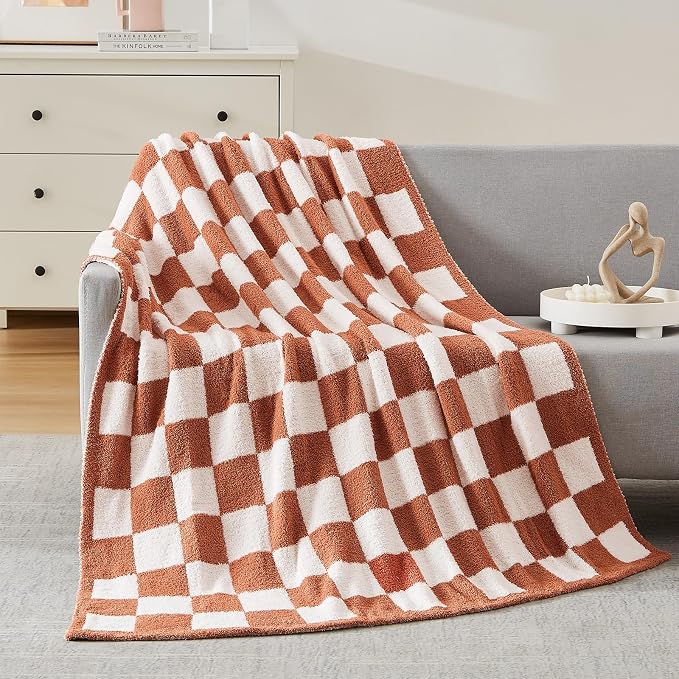 WRENSONGE Soft Checkered Throw Blanket for Couch-Cozy Warm Knitted Blankets | Lightweight Warm Fluffy Decor for Women, Mom, Her & Girls, Sofa, Chair, Bed, 50x60in,Autumn Leaf Orange