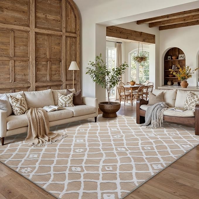 PureCozy 8x10 Area Rug for Living Room Beige Brown Washable Bedroom Rug Non Slip Soft Modern Moroccan Neutral Shag Checkered Carpet Boho Dining Room Office Playroom Nursery