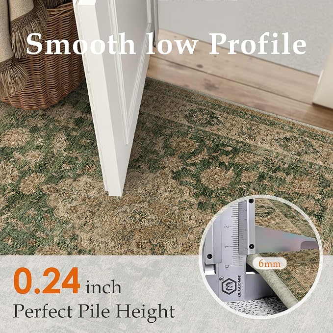 HUGEAR 2x10 Runner Rug Hallway Machine Washable Retro Green Vintage Floral Low Pile Carpet Distressed Long Throw Rug Bedroom Office Bathroom Kitchen Laundry Non Slip Soft Lightweight