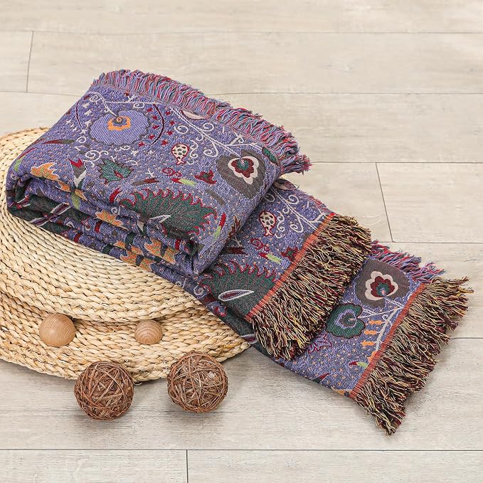 Summer Boho Throw Blanket 90" x 98" 100% Cotton Ultra Soft Breathable Muslin Blanket for Adult 4-Layer Gauze Woven Floral Farmhouse Decor Rustic Quilt for Couch Sofa Gift for Man Woman Purple Flowers