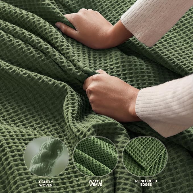 Madison Park 100% Cotton Blanket, Trendy Woven Waffle Weave Design, All Season, Lightweight, Breathable, Soft and Cozy Casual Summer Cover, for Bed, Couch and Sofa, King (108 in x 90 in), Olive Green