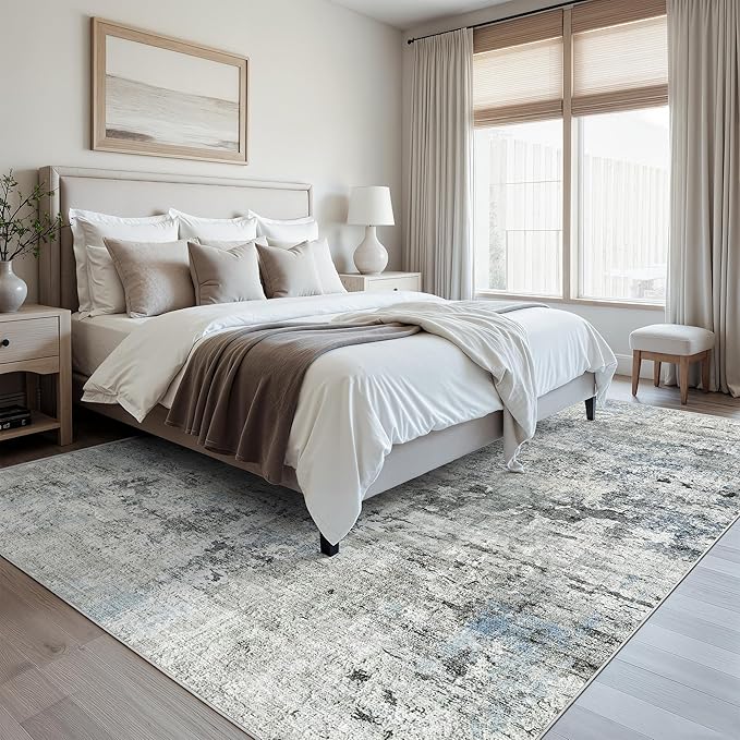Soalmost Abstract Rug 8x10 Large Living Room Rugs Neutral Modern Washable Area Rugs for Bedroom Dining Room Non-Slip Stain Resistant Foldable Thin Rug Gray Blue