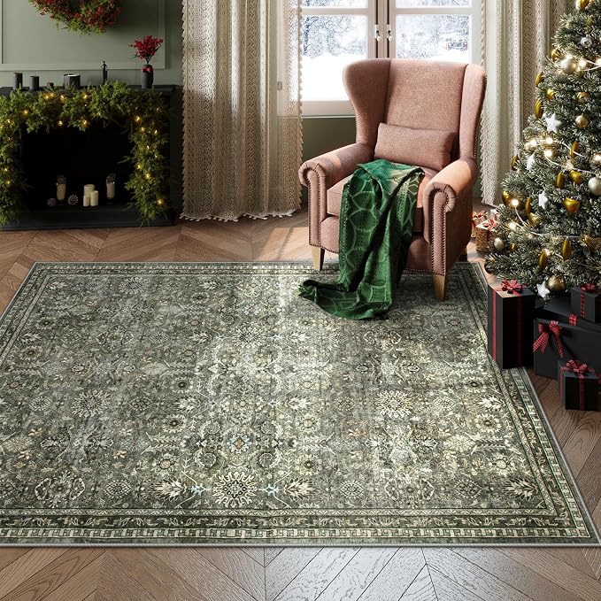Lahome Sage Green Area Rug 6x9, Machine Washable Rugs for Living Room, Boho Vintage Soft Bedroom Carpet for Dining Room Nursery Apartment Office, Dark Green | Vintage Non Slip Non Shedding Soft Carpet for Bedroom Dining Room Nursery