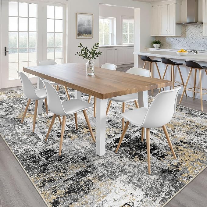 5x7 Area Rugs Living Room: Washable Large Abstract Neutral Modern Soft Rug Stain Resistant Indoor Floor Non-Slip Accent Carpet for Bedroom Nursery Playroom Dining Room Office Dorm Home- Black Gold